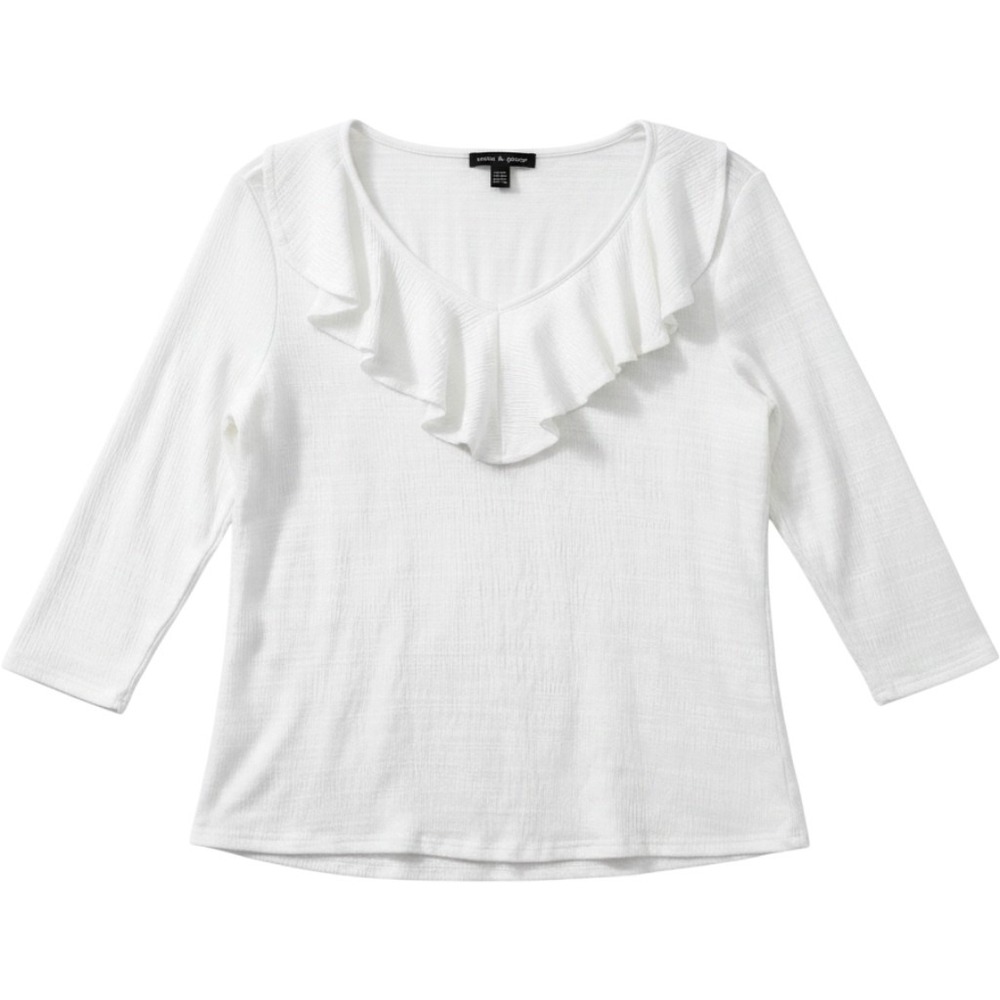 Cable & Gauge White Ruffle V-Neck 3/4 Sleeve Textured Knit Top Large